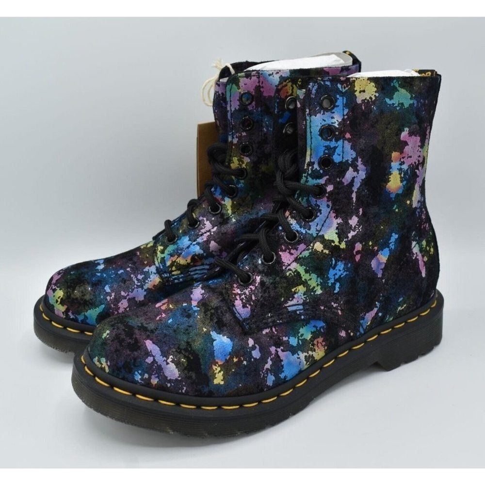Dr Martens 1460 Pascal Womens Size 8 Leather Black Rainbow Splatter Combat Boots